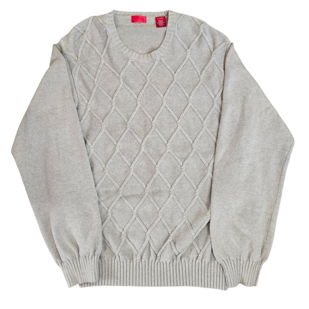IZOD Sweater Mens XL Beige Preppy Diamond Cable Knit 100% Cotton Gorpcore Y2K - Picture 2 of 9